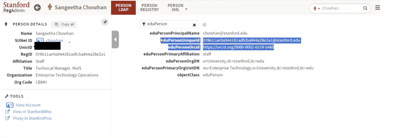 Screenshot showing eduPerson Unique ID and eduPerson ORCID